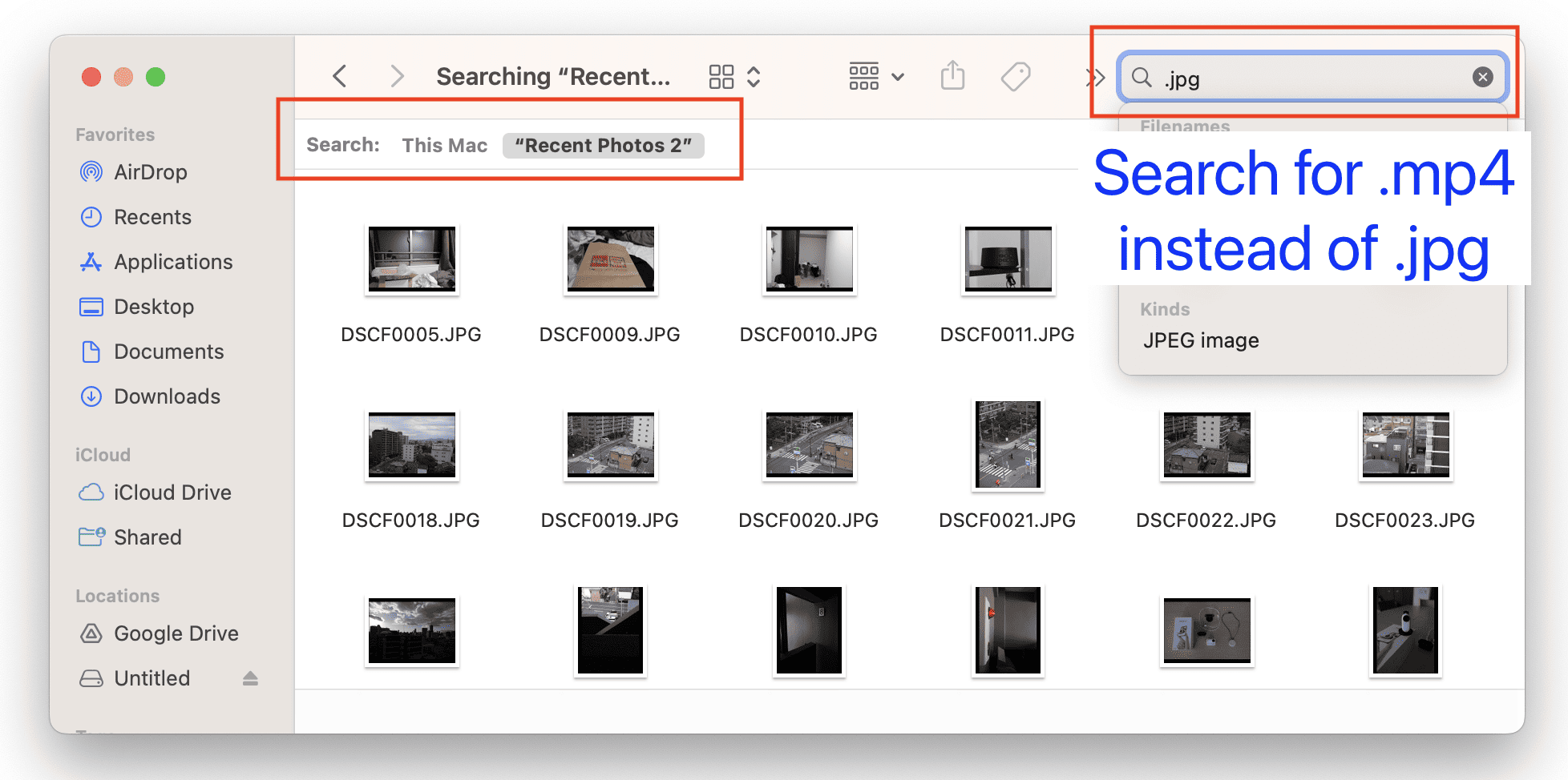 Screenshot of using Mac Finder to search files of certain extension