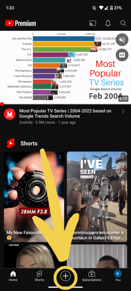 Pressing the create button on Android YouTube app