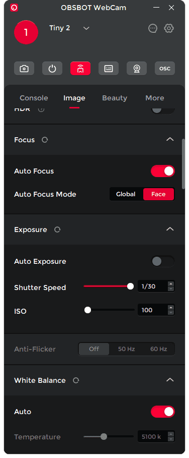 obsbot tiny 2 manual settings