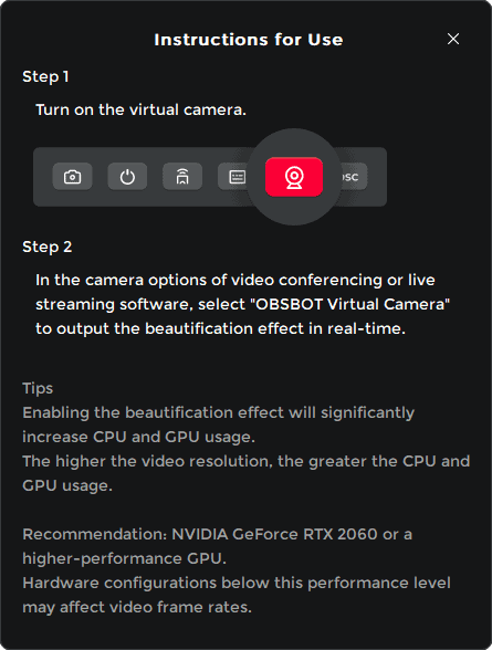 obsbot virtual camera notice